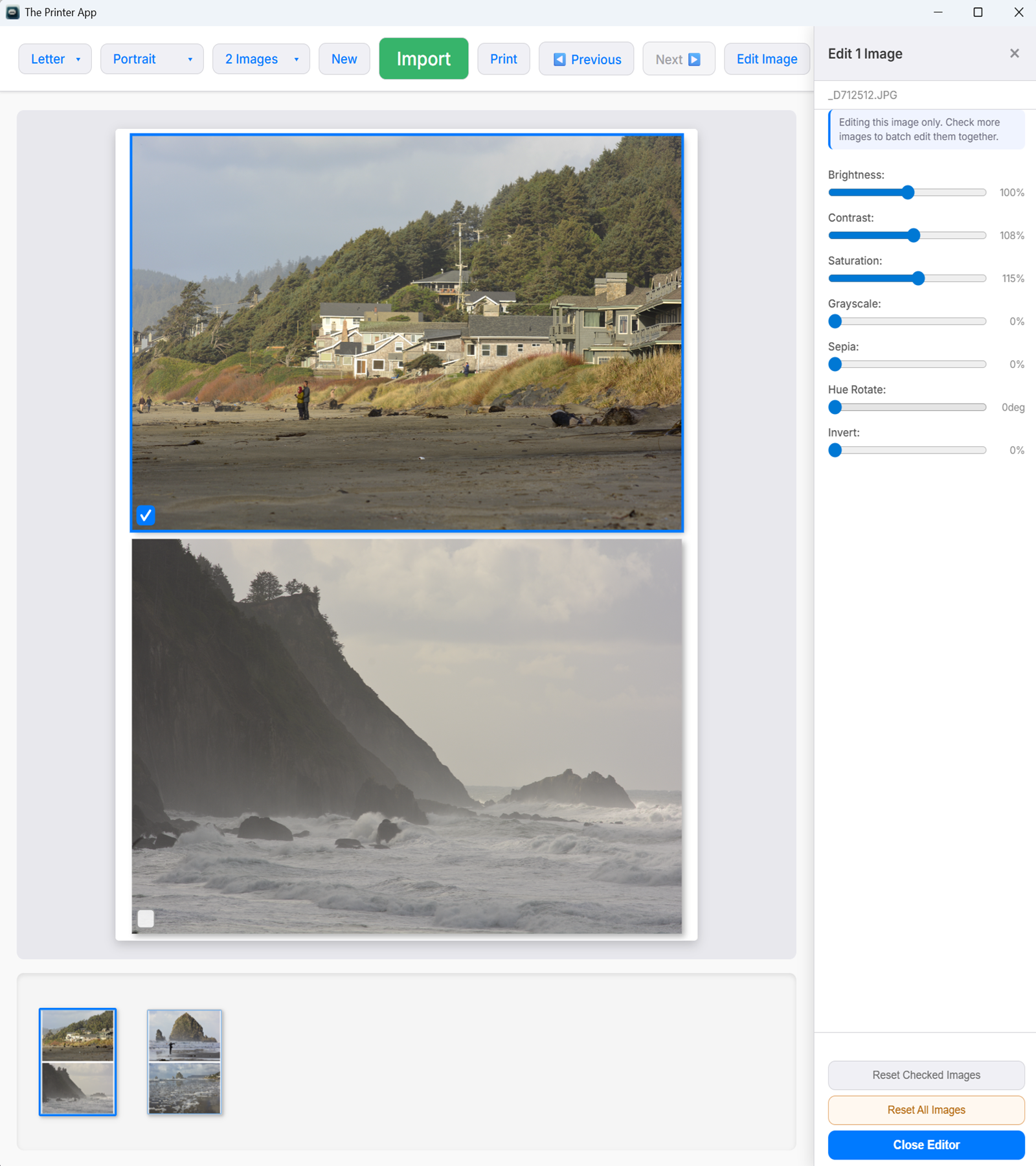 The Printer App - Image editing panel